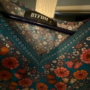 BTFBM Floral V-Neck Boho Blouse in Teal and Coral